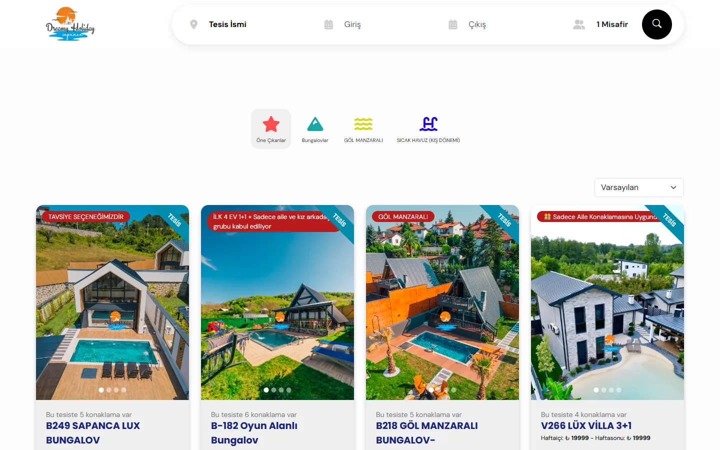 Acenta sitesi: tesis listesi ve özellik filtreleri (Dreamy Holiday)