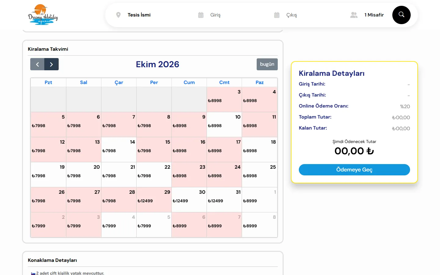 Konaklama sayfasında fiyat ve müsaitlik takvimi