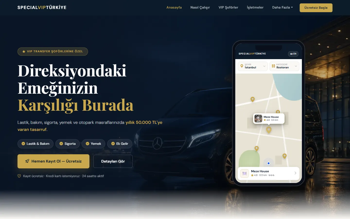 VIP transfer sürücülerine yönelik ana sayfa