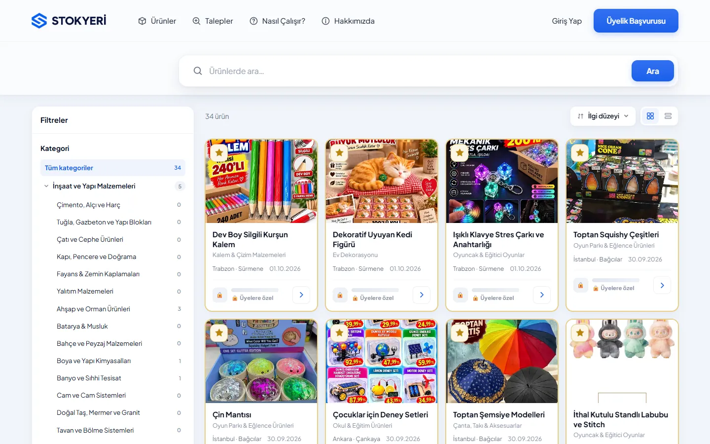 Kategori ağacı ve filtrelerle ürün listesi